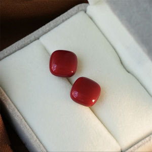 925 Silver Needle Ear Studs Vintage Red Sugar Cube Earrings Elegant Small Size Daily Commute Suitable All Autumn Winter