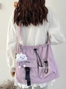 Large Capacity Drawstring Canvas Bag Womens 2025 New Casual Student Crossbody Bag Shopping Commuting Single Shoulder Bag Trendy