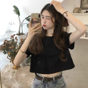 Áo Thun Cotton Tay Ngắn Màu Đen Cho Nữ Mùa Hè 2025 Phong Cách Mới Ngắn Hở Bụng Cạp Cao in Họa Tiết Cổ Tròn