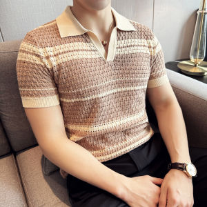 Mens Polo Shirt V-Neck Splice Hollow out Short Sleeve Summer Thin Cool Feeling Breathable Comfortable Casual High-End Feeling Lead T-Shirt