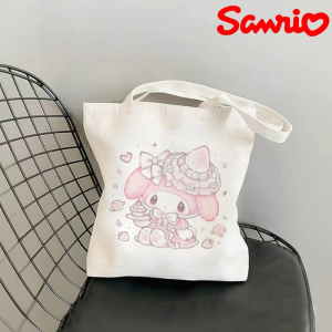 Sanrio | 1pc My Melody Strawberry Print Canvas Tote Bag Double-Sided Printed Shoulder Shopper Reusable Handbag