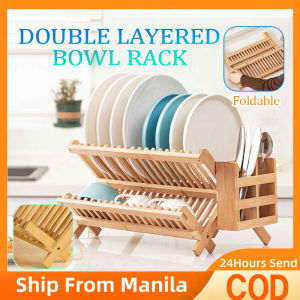 2 Tier Dish Rack Dryer Organizer Foldable Dish Rack With Drainer Kitchenware Countertop Plate Bamboo Made Organizer Storage Shelf Rack Bowl Rack And Cutlery Rack For Kitchen