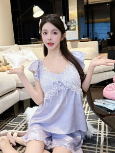 Womens Sleepwear Ice Silk Lace Short Sleeve Short Pants Set with Chest Pad Home Clothes V-neck Plant Floral Pattern Thin