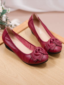 All-Matching Genuine Leather Wedge Shoes Middle-Aged Soft Bottom Womens Shoes round Toe Leather Shoes Comfortable Mom Shoes Soft Leather Womens Casual Shoes