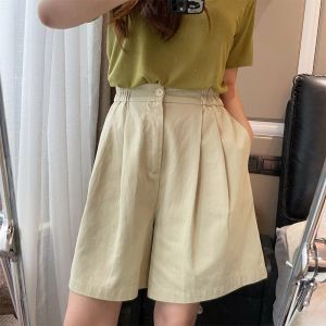 High Waist Wide Leg Short Pants Womens Loose Fit Summer Thin Casual Trousers Khaki Color Large Size Fashion Pear Body Type