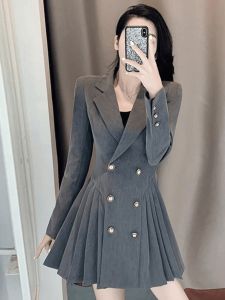 French Vintage British Style Design Unique Womens Skirt Spring Fashion Suit Collar Pleated Dress A-Line Short Dress Long Sleeve
