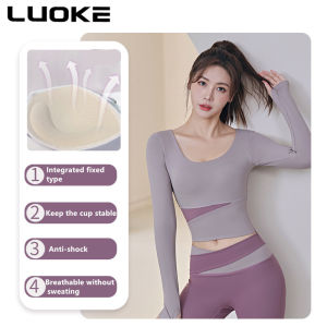 Luoke women sports t shirt color-blocking outerwear sports fitness womens quick-drying moisture absorption sweat-wicking slimming tight-fitting peach long-sleeved yoga top