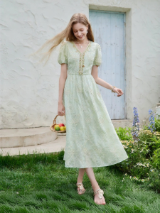 XIANGYING | Mint Green French V-Neck Summer New Embroidered Dress