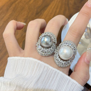 French Design Large Pearl Ring for Women Full of Diamonds High-End Feeling Zircon Finger Ring Elegant Geometric Pattern Alloy