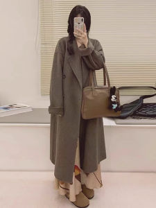 Elegant Brown Woolen Coat Womens 2025 New Style Hepburn Style Autumn Winter Mid-Length Sweater Double-Breasted Straight Cut