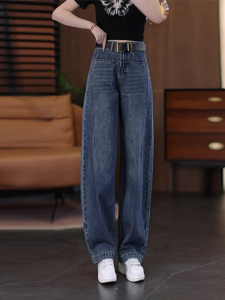 กางเกงยีนส์ทรงตรงเอวสูงทรงเข้ารูปสำหรับผู้หญิงในฤดูใบไม้ร่วงและฤดูหนาว กางเกงขายาวทรงตรงบางพอดีตัวสำหรับผู้หญิงตัวเล็ก