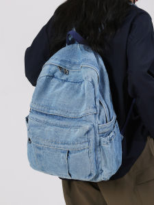 New Arrival Minimalist Retro Japanese Denim Schoolbag Female Middle School Student Large Capacity Pure Color All-Matching Backpack Male Backpack