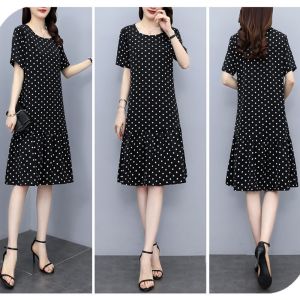 ชุดเดรสผ้าไหมคอตั้งแขนสั้นลายจุดทรงเอเอวสูงฤดูร้อนใหม่สำหรับคุณแม่ไซส์ใหญ่ชุดทำงานผู้หญิง