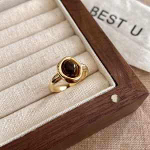 Unique Design Open Ring for Women Tiger Eye Stone Hong Kong Style Personality Index Finger Ring Retro Fashion Jewelry
