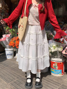 Váy Xếp Ly Ren Hoa Bướm Mềm Mại Cỡ Lớn Mùa Xuân 2025 Phong Cách Thường Ngày Váy Midi Lưng Cao Bằng Vải Polyester