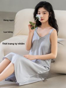 MiiOW | Đồ ngủ dài bằng lụa băng mùa hè gợi cảm không dây có đệm ngực cho nữ Đồ ngủ mặc nhà thoáng khí thoải mái Váy dài cổ chữ V