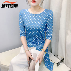 Summer New Polka Dot Mesh Sun-Protection Air Conditioning Shirt round Neck Short Sleeve T-Shirt Womens Korean Style Slim Fit Lace Sweater