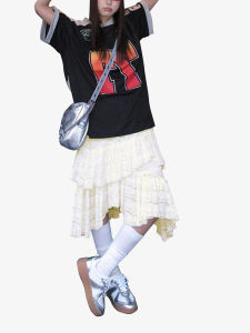 Váy Ren Nửa Thân Màu Đào Không Đều Cho Nữ Mùa Xuân Thu Đa Năng Thiết Kế Váy Bánh Cao Cấp Cạp Cao Chất Liệu Khác