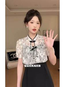 New Chinese Style Summer Womens Set High Waist A-Line Dress Short Sleeve Floral Print with Outer Cardigan Two-Piece Suit
