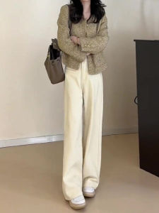 ฤดูหนาว ขากว้างบาง กางเกงยีนส์ ผู้หญิง หลวม ตัดตรง กางเกงขายาว ทันสมัย Bootcut กางเกงขายาว สูง เอว สไตล์เกาหลี