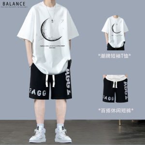 Summer Casual Sportswear Set for Teens Loose Fit Short Sleeve Cotton T-Shirt Male Model Fashionable And Attractive Student Clothes