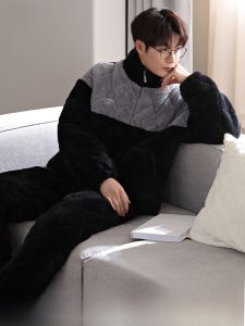 MiiOW | Catman Coral Fleece Mens Sleepwear Thickened Three-layer Cotton Warm Flannel Home Clothes Set Long Sleeve Zipper Closure Solid Color