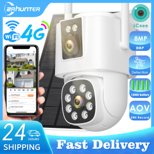 ZRHUNTER | 4G Solar Camera  Outdoors Wifi PTZ IP Camera 8MP 4K HD CCTV Camera AOV 24 Hour Recording Human Ai Auto Detect Tracking ICSee APP