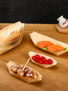 Disposable Paper Boat Shaped Plate Sushi Sashimi Decoration Small Boat Packaging Box Wood Grain Design Commercial Use Dishware