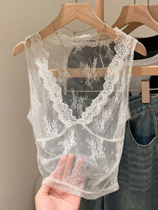 French Hollow out Fake Collar Versatile High End V Neck Lace Underwear Womens Vest Top Commute Style Solid Color Base Layer