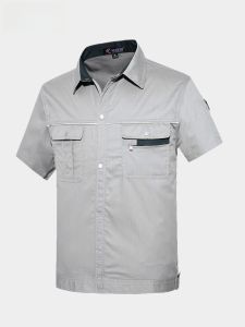 Mens Summer Thin Short Sleeve Work Shirt Cotton Polyester Blend Fabric Anti-static Station Attendant Long Sleeve Uniform Top