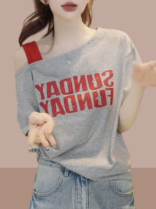 Shalldoer | Áo thun nữ tay ngắn mùa hè phong cách Hàn Quốc màu tương phản chữ cái vai chéo thiết kế đa năng thời trang thường ngày chống lão hóa in họa tiết