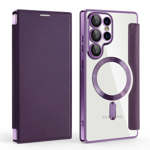 For Magsafe Magnetic Luxury Solid Color Leather Flip Wallet Card Slot Phone Case For Samsung S25 Ultra S23 S22 S24 Ultra Plus