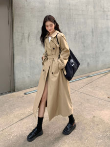 เสื้อแจ็คเก็ตทรงยาวคลุมเข่าสีกรมท่าสำหรับผู้หญิง ฤดูใบไม้ผลิและฤดูใบไม้ร่วง สไตล์เกาหลี ทรงหลวม เสื้อคลุมกันหนาวแบบยาว