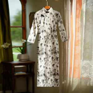 Autumnal Youthful Revamped Cheongsam Exquisite Daily Wear for Teen Girls Vintage Style Long Slant Collar Low Slit Sleeve Length