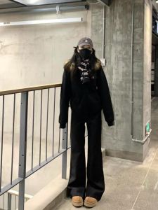 Low Waist Black Suit Pants Womens Slimming Flared Floor-Length Trousers Korean Style Commute Pocket Zipper Processing