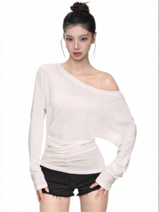 AUDISTY | Áo Thun Trắng Dài Tay Phong Cách Lyrical Ôm Sát Off-shoulder cho Nữ