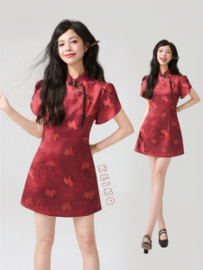 KEIKO | Retro Chinese Style Silk Gloss Modified Cheongsam Short Sleeve Dress