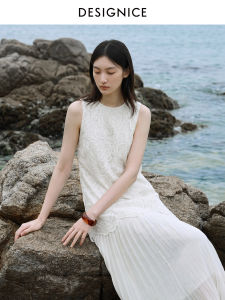 DESIGNICE | Elegant Embroidered Patchwork Sleeveless Round Neck Apricot Dress