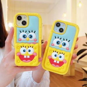 【Hot】Liquid Silicone Phone Case Innovative Telescopic Holder Big Eyes SpongeBob Shape with Bracelet For iPhone 11 12 13 14 15 16 Series