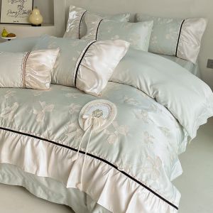 Bedding four-piece set light luxury and high-end fully washed ice silk embroidered quilt cover bed sheet bedding (bed sheet * 1 quilt cover * 1 pillowcase * 2)