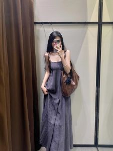 Summer French Elegant Loose Purple One-Shoulder Lazy Pleated Splice Cake Long Dress Womens Strap Dress Casual A-Line Skirt