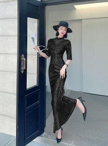 2023 New Elegant Fish Tail Evening Dress for Women with Sequins U-Neck Bodycon Mermaid Gown for Spring Fall Season