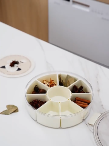 AMK Airtight Food Storage Snack Tray Rotating Candy Organizer Bekas Makanan Bertutup Dessert Serving Plate With Lid Handle 6 Compartments 糖果盒