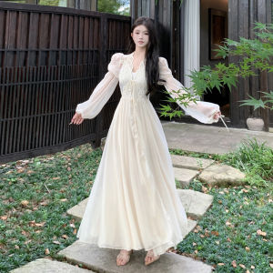 French Style Lace Dress Womens Winter Fashion Unique Beautiful Waist-Cinching Long Skirt Elegant Classy Cotton Blend Long Sleeve