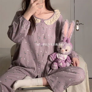 Đồ Ngủ Cổ Búp Bê Hàn Quốc Instagram Bộ Đồ Mặc Nhà Dài Tay 2023 Cotton Mẫu Mới Mùa Xuân Thu Cho Nữ Màu Tím Hoa Nhí