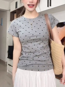 Áo Thun Tay Ngắn in Họa Tiết Polka Dot Thời Trang Mùa Hè Cho Nữ Dáng Rộng Chất Liệu Polyester Thoáng Khí Thấm Hút Mồ Hôi