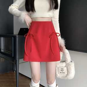 Good Retro White Plus Size Red Skirt Bows Skirt Fall and Winter High Waist Bodycon Dress A- Line Skirt