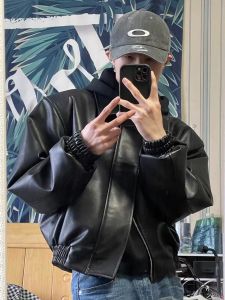 American Retro Cleanfit Short Padded Shoulder Leather Coat Male Spring & Fall Fancy Locomotive Flight Jacket Trendy