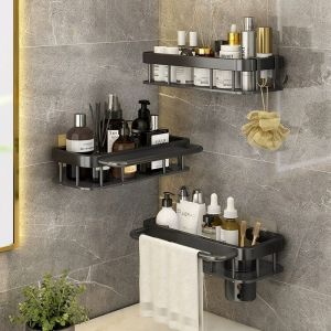 ชั้นวางติดผนังในห้องน้ำ พร้อมตะขออลูมิเนียม เซิร์ฟเวอร์ กันน้ํา กันความชื้น ไม่ต้องเจาะผนัง ชั้นวางของในห้องน้า