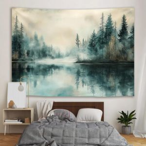 VIKAMA Rừng Thông Sương Mù Màu Nước Thảm Màu Be Núi Xanh Hồ Nghệ Thuật Treo Tường Cho Phòng Ngủ Boho Trang Trí Nhà Sợi Polyester